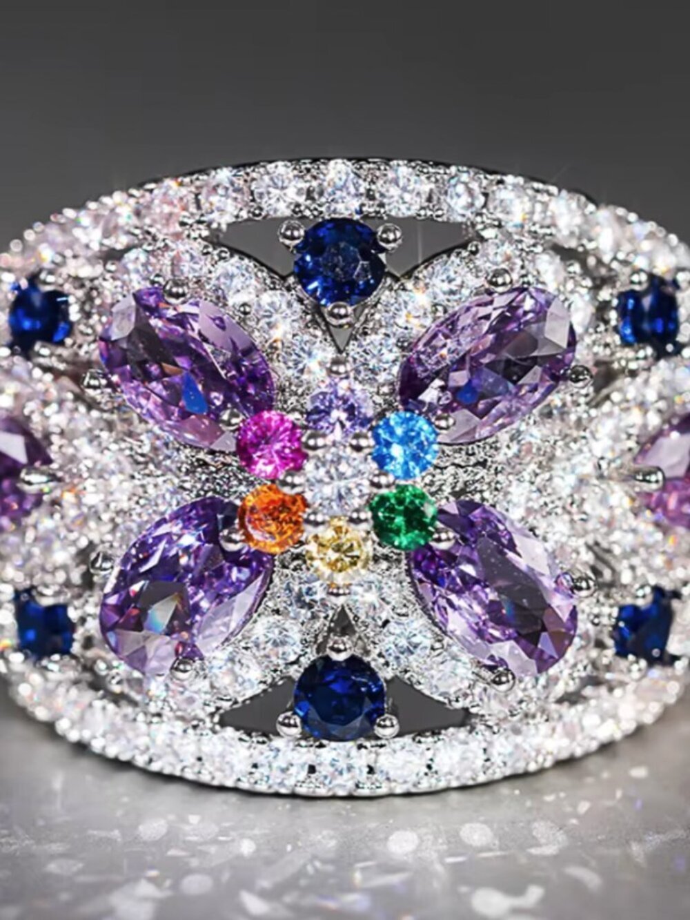 NEW 18k White Gold Blue Sapphire Amethyst Diamond Ring Band Wide Statement Ring